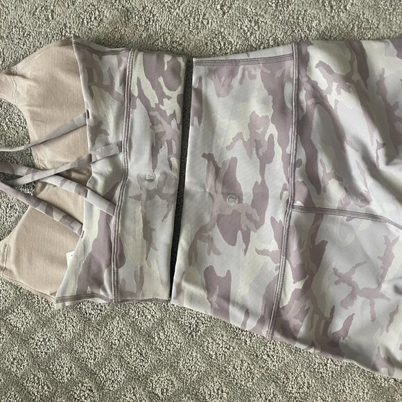 Lululemon PINK PURPLE CAMO LUXTREME RIBBED SET Energy Bra Long Line + Leggings 4 - Picture 7 of 15